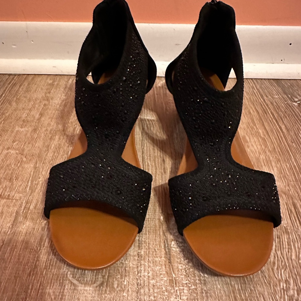 Women’s Black Wedge Heel Sandals, Size 9
